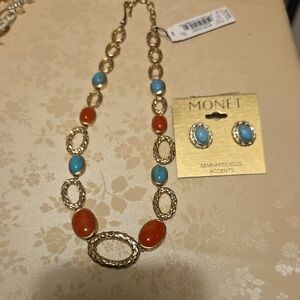 BRAND NEW Monet Gold Necklace with Orange and Blue Accents And Earrings